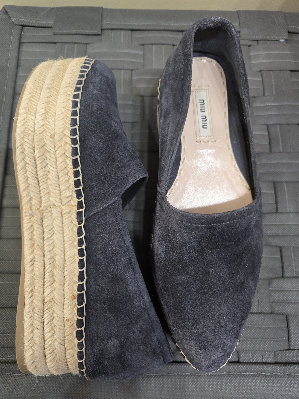 Miu Miu Navy Suede Espadrille Platform Flats